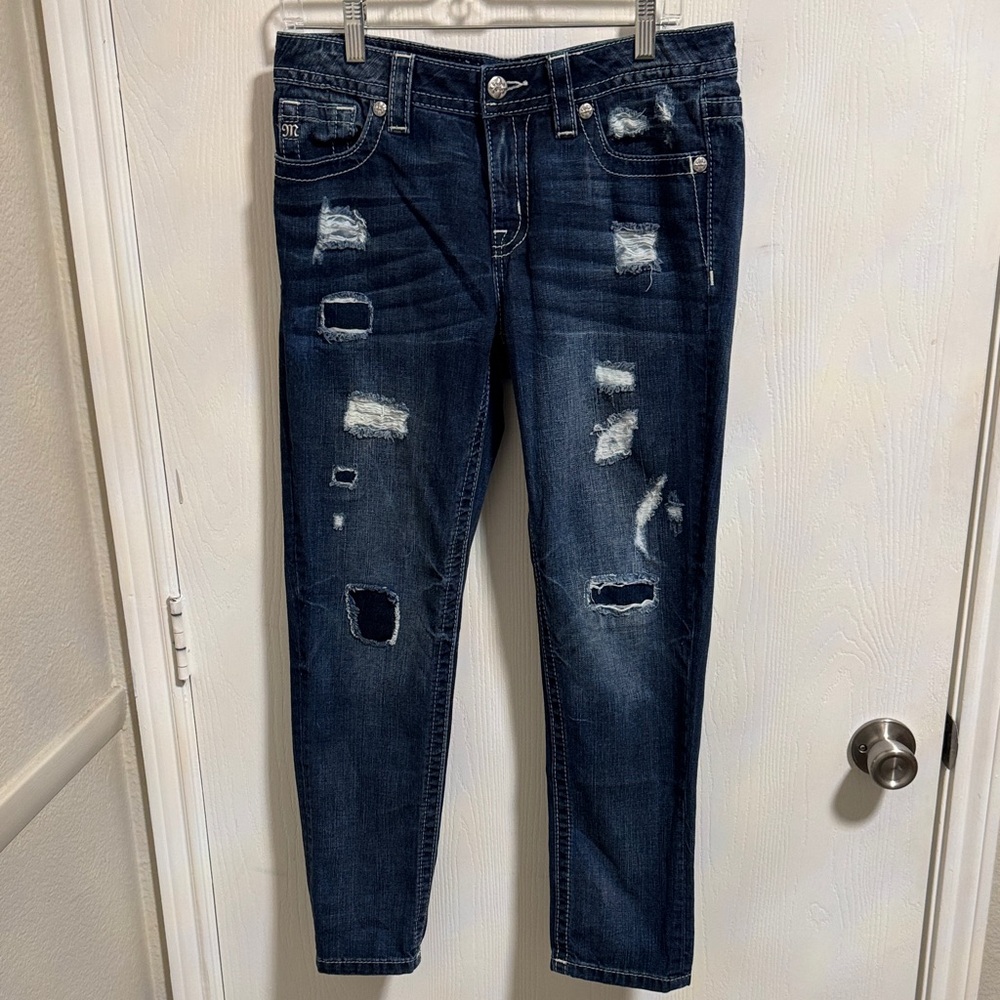 Miss‎ Me Boyfriend Mid-Rise Ankle Distressed Denim Medium Wash Jeans Women's 27